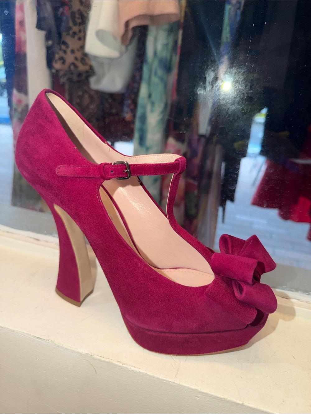 Miu Miu Magenta Suede T-Strap Platform Pump with Bow